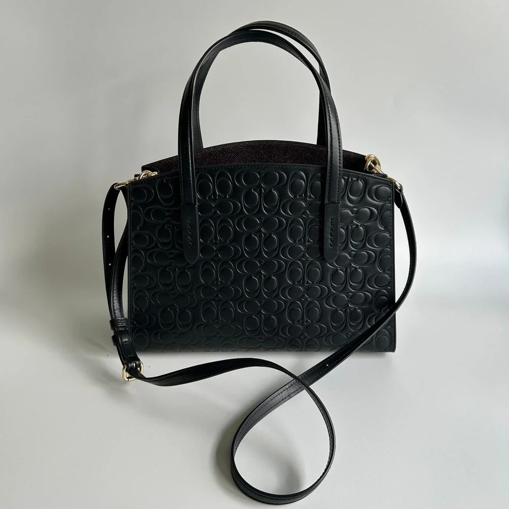 Coach Charlie Carryall 28 Black Signature Leather Shoulder Bag Excellent